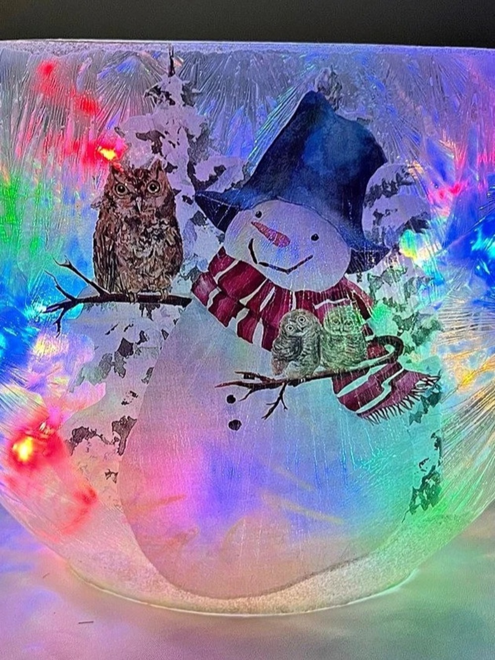 Stony Creek Snowman with Owls Frosted Glass Lighted Vase Centerpiece 7X9